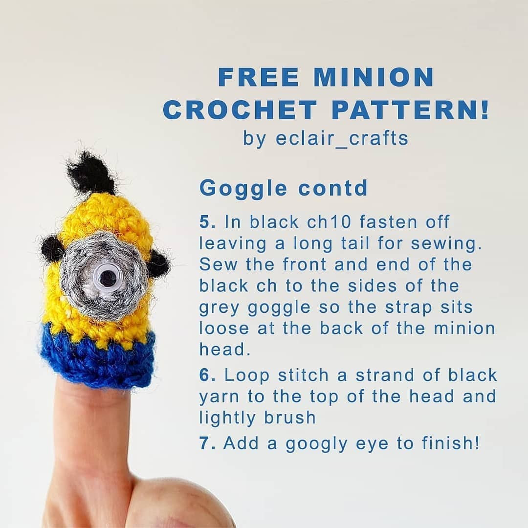 free crochet pattern one-eyed minion, black hair.