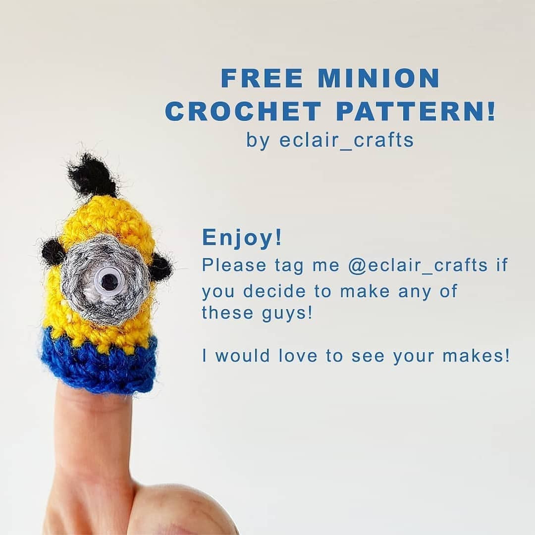 free crochet pattern one-eyed minion, black hair.