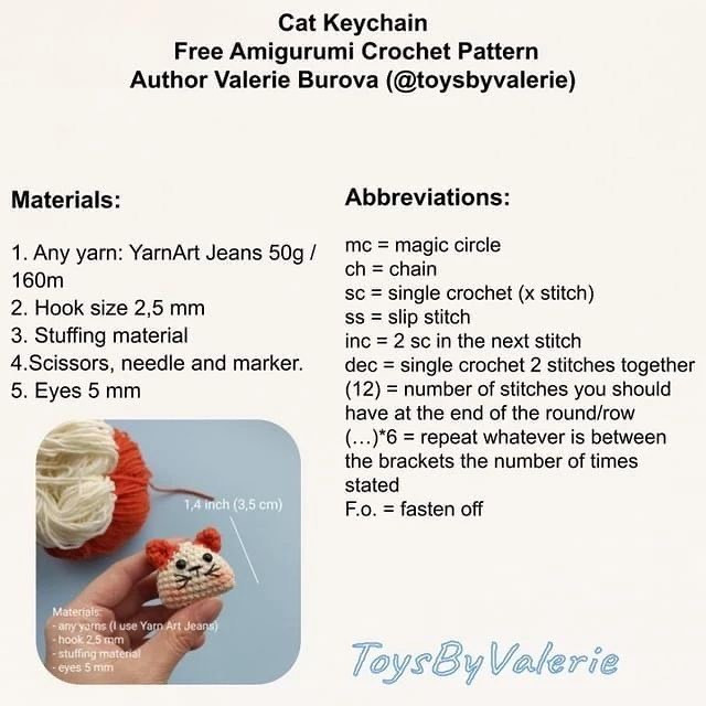 free crochet pattern orange ear cat keychain.