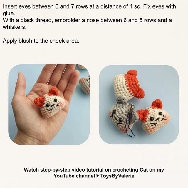 free crochet pattern orange ear cat keychain.