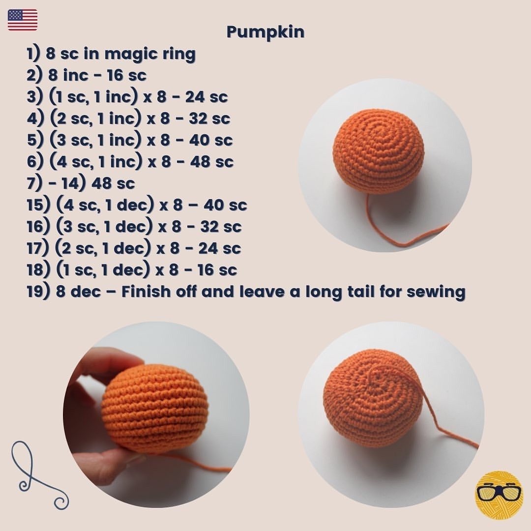 free crochet pattern orange pumpkin, black stem.