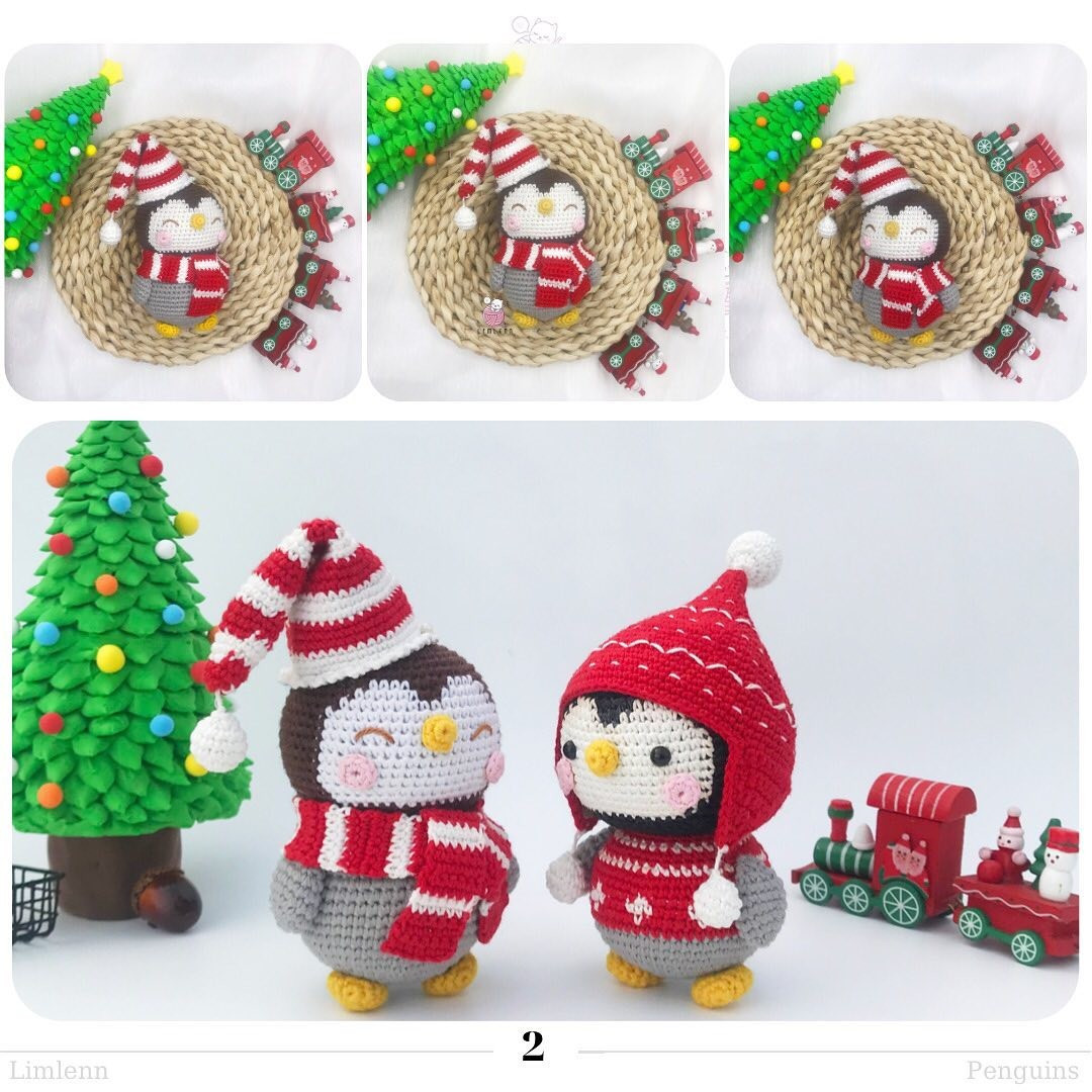 free crochet pattern penguin wearing hat and scarf.