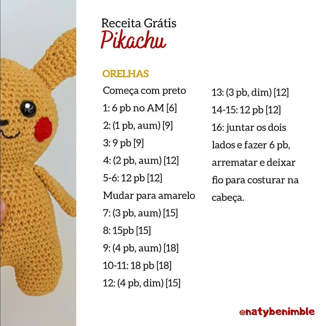 free crochet pattern pikachu yellow, cheeks red.