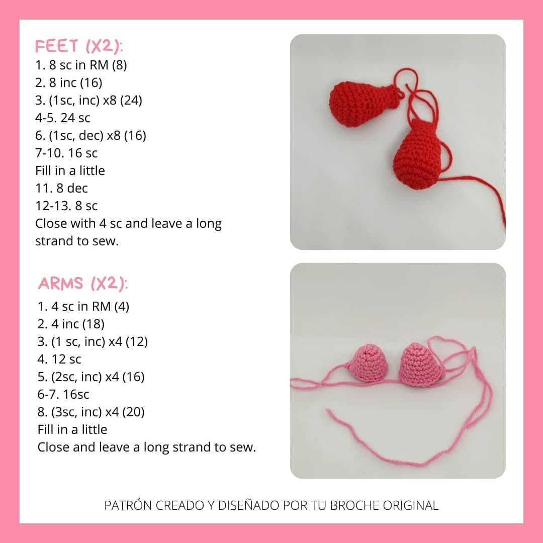 free crochet pattern pink, circle, white eyes, red legs,