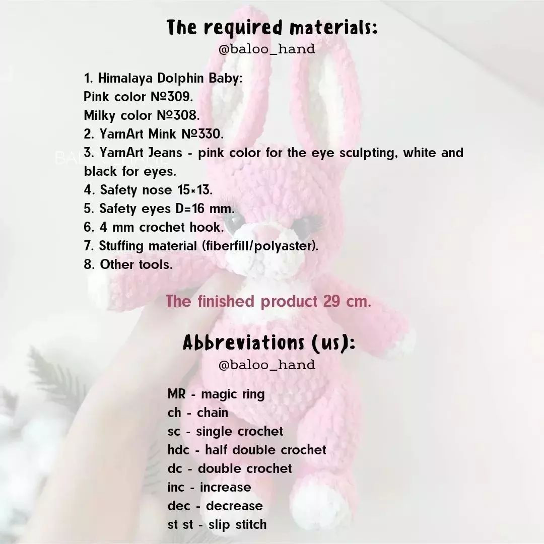 free crochet pattern pink rabbit with white muzzle.