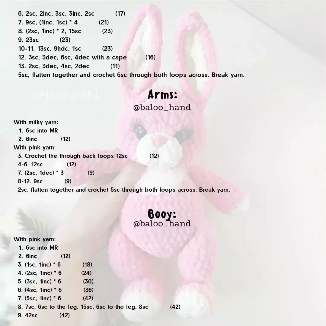 free crochet pattern pink rabbit with white muzzle.