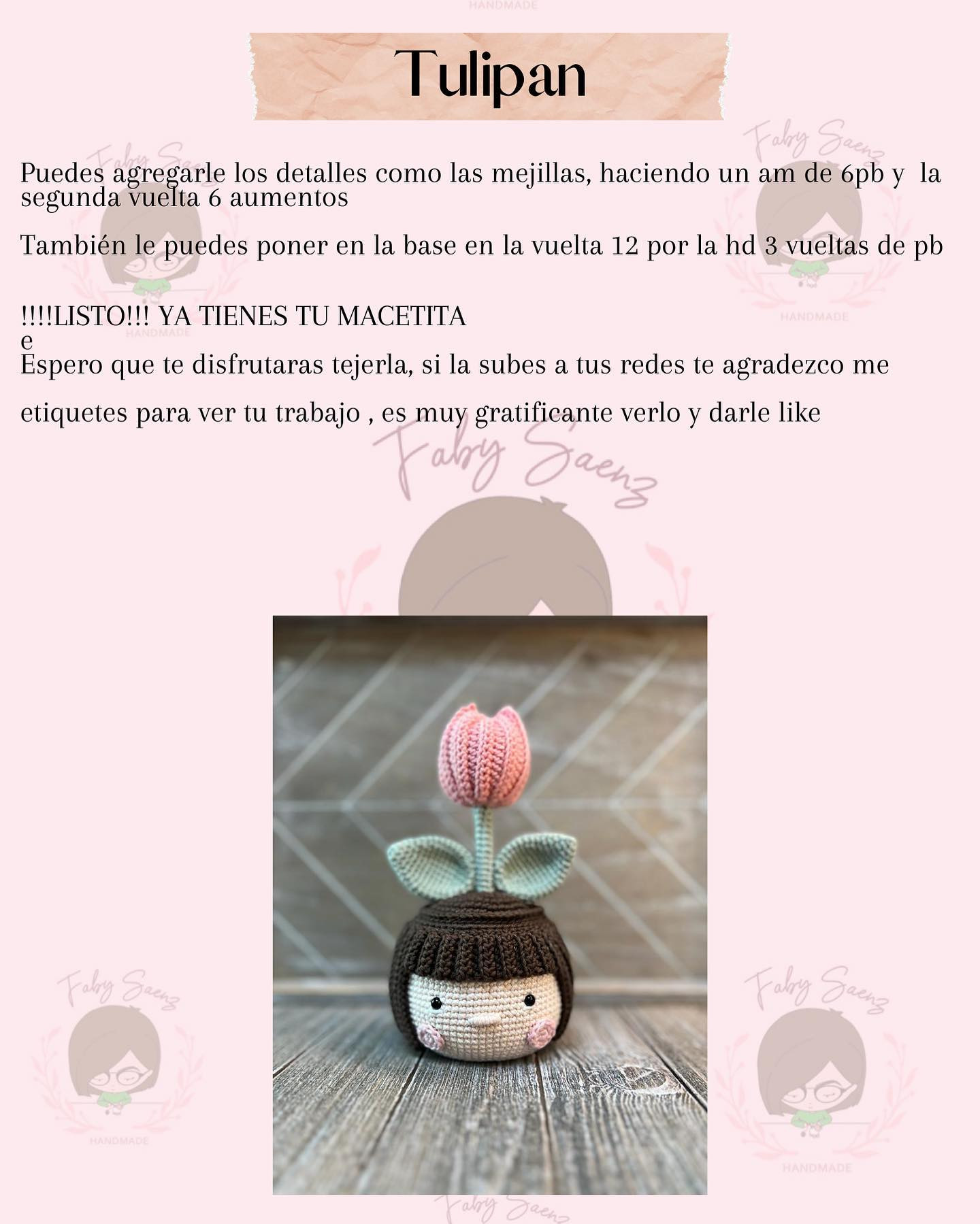 free crochet pattern pink tulip flower pot with pink-cheeked baby girl head flower pot.