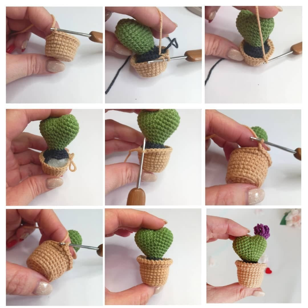 free crochet pattern potted cactus with purple flowers
