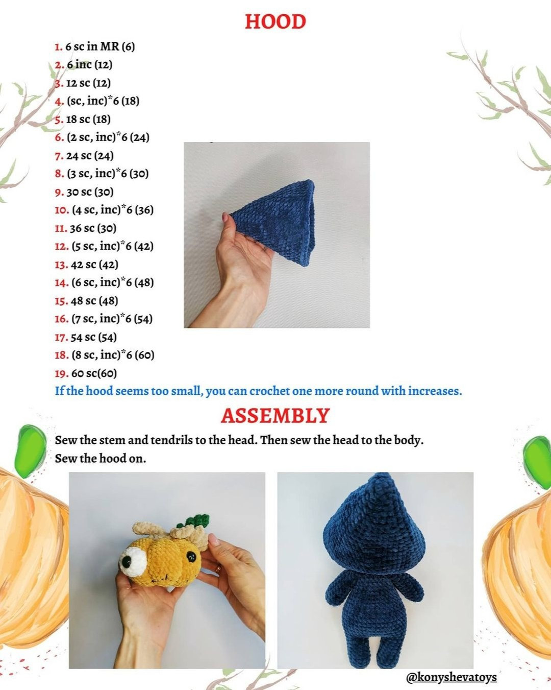 free crochet pattern pumpkin doll, blue hat, white eyes, green hair, gray hair