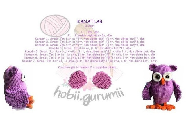 free crochet pattern purple owl, white eyes, orange legs.