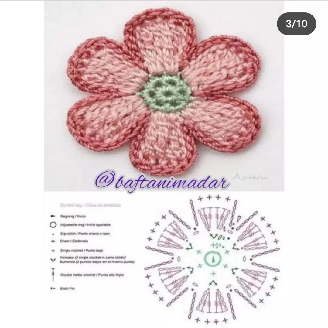 free crochet pattern purple seven-petaled flower with yellow stamens.