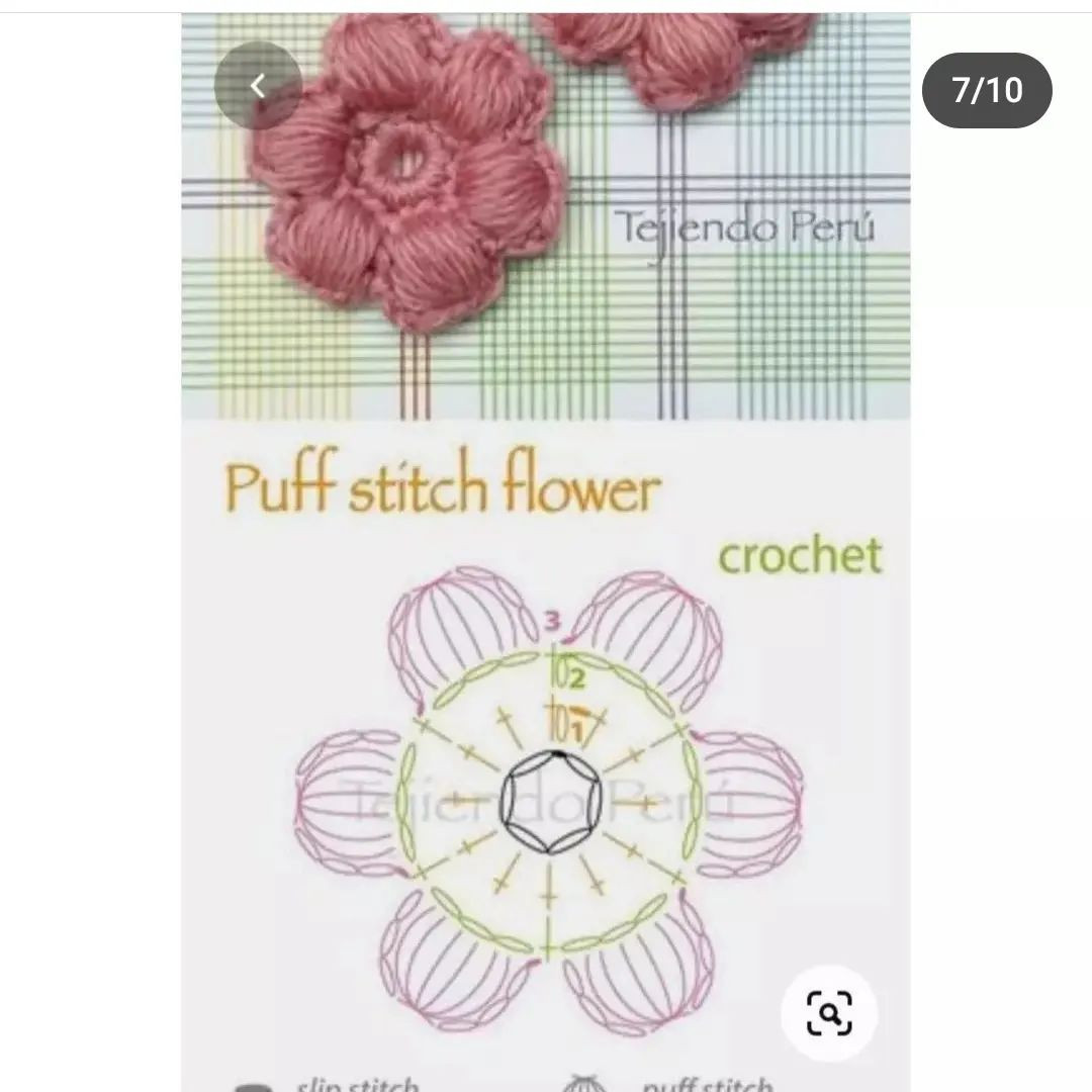 free crochet pattern purple seven-petaled flower with yellow stamens.