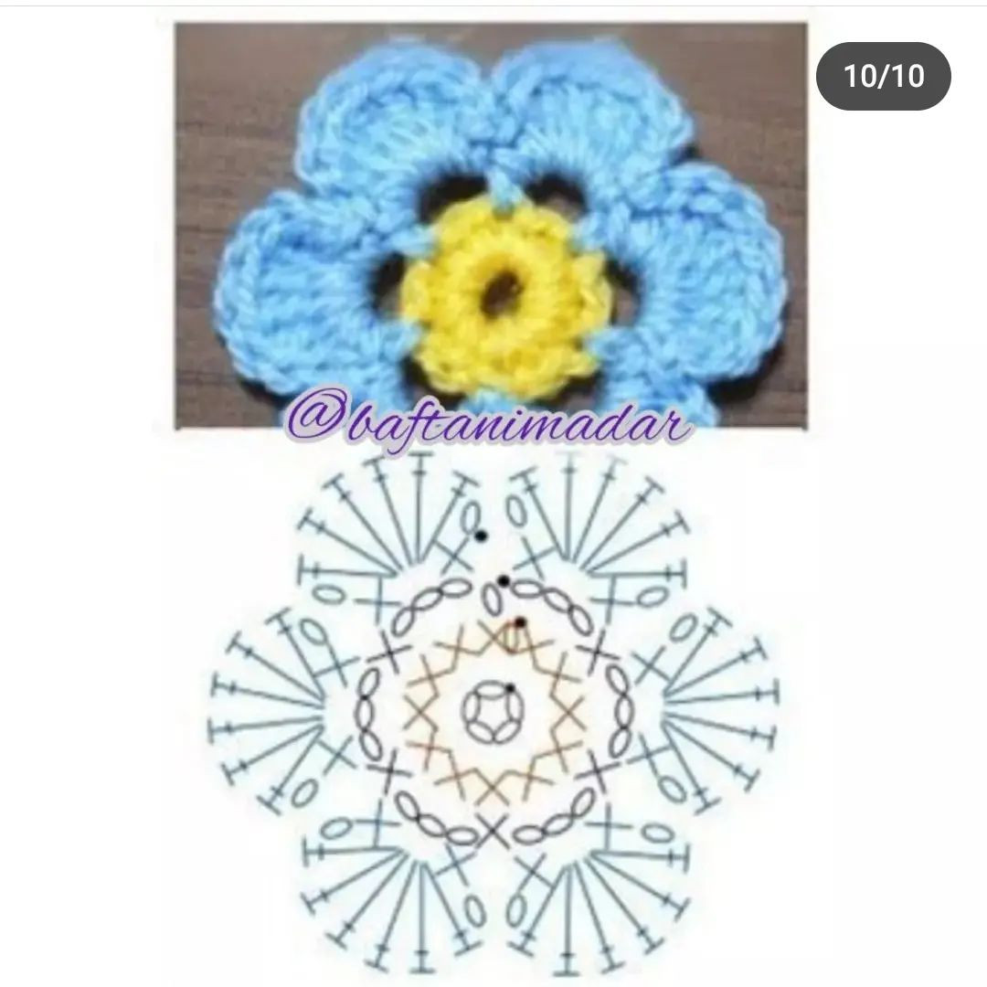 free crochet pattern purple seven-petaled flower with yellow stamens.