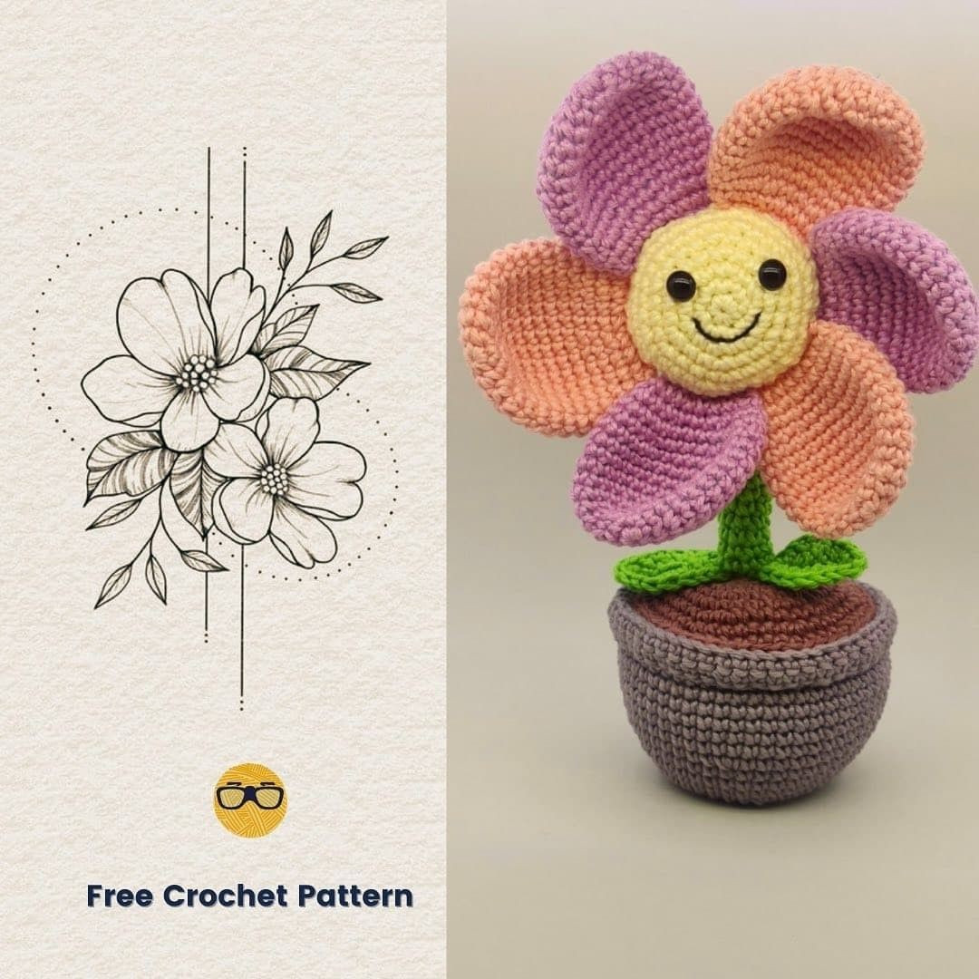 free crochet pattern six-petal flower pot