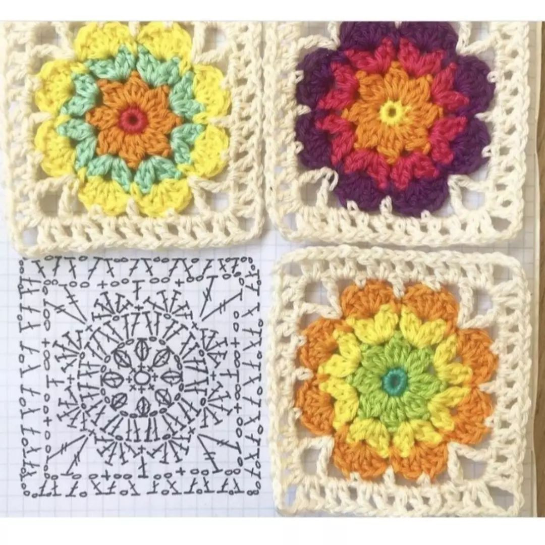 free crochet pattern square flowers and leaves