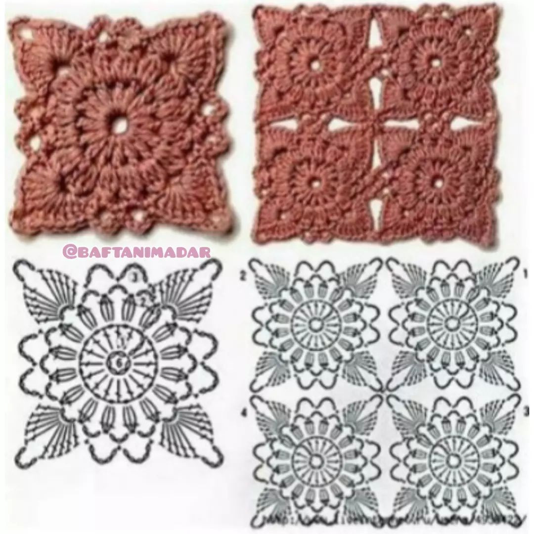free crochet pattern square with squares in the center, pointed tips on the outside.