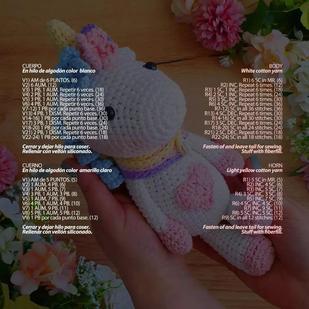 free crochet pattern unicorn, heart on pink belly.
