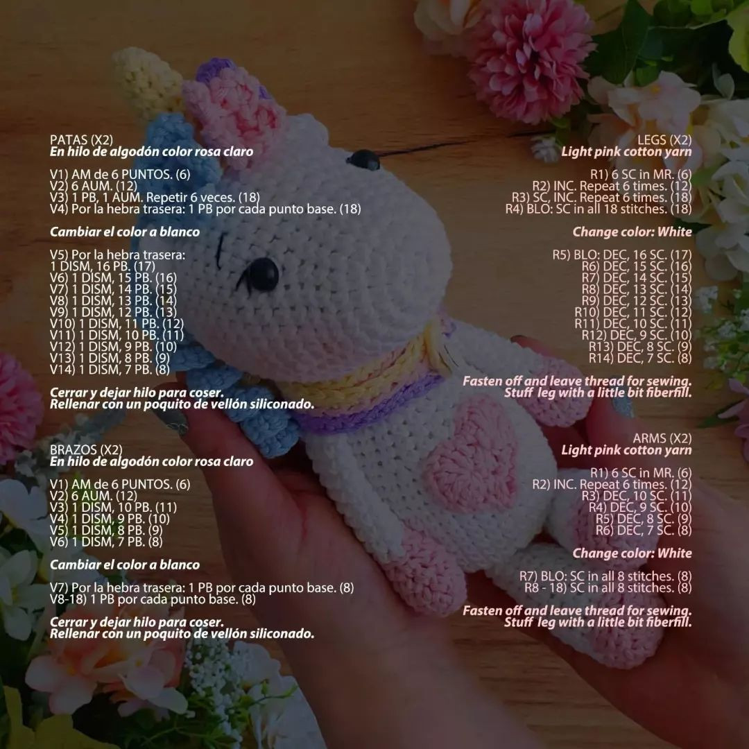 free crochet pattern unicorn, heart on pink belly.
