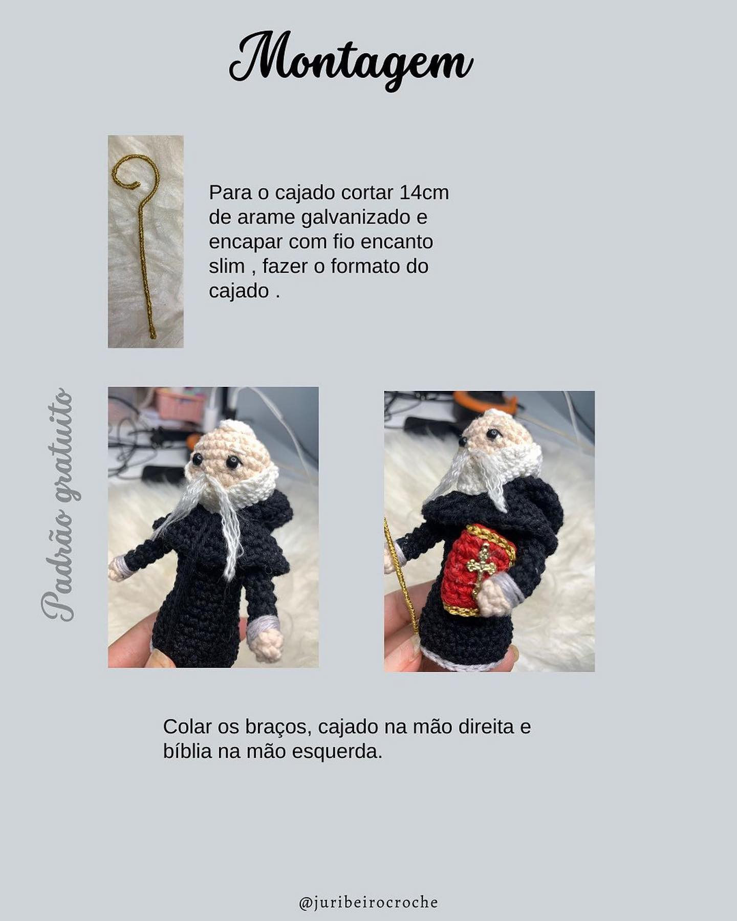 free crochet pattern white bearded saint, wearing black robe.