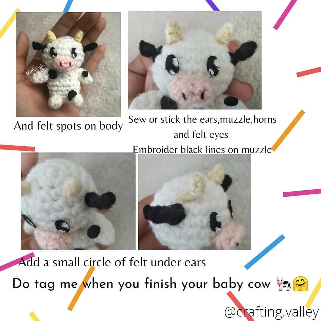 free crochet pattern white dairy cow, yellow horns, black ears.pink nose.