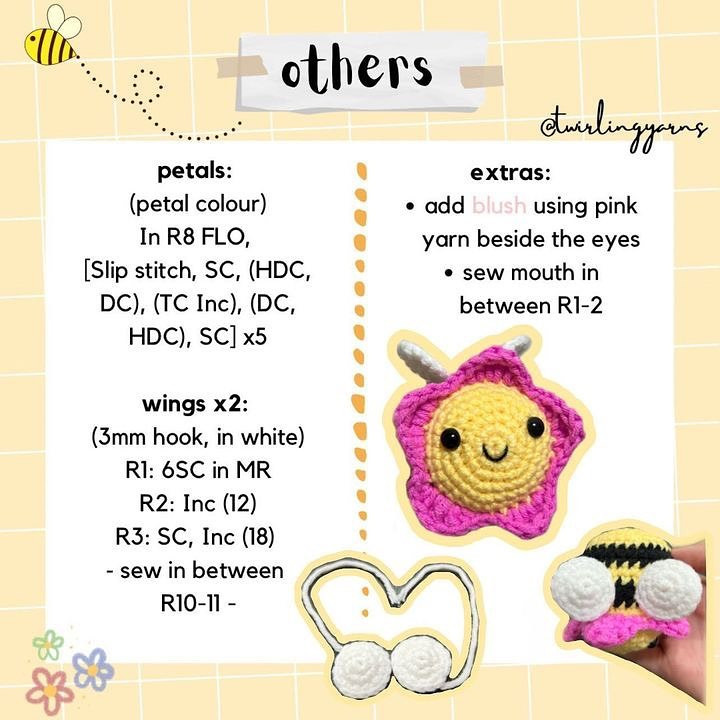 free crochet pattern yellow bee, white wings, pink rim.