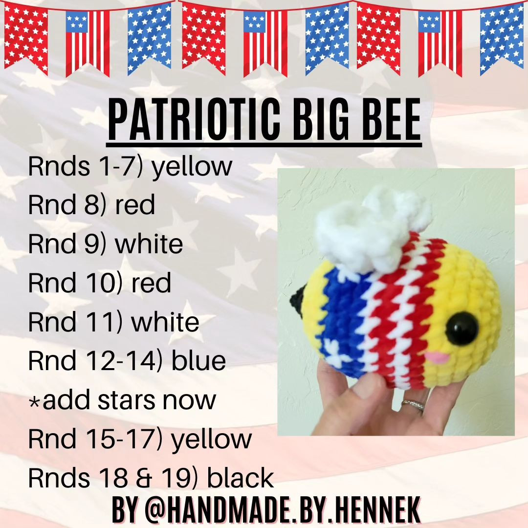 free crochet pattern yellow bee, white wings, red white blue stripes