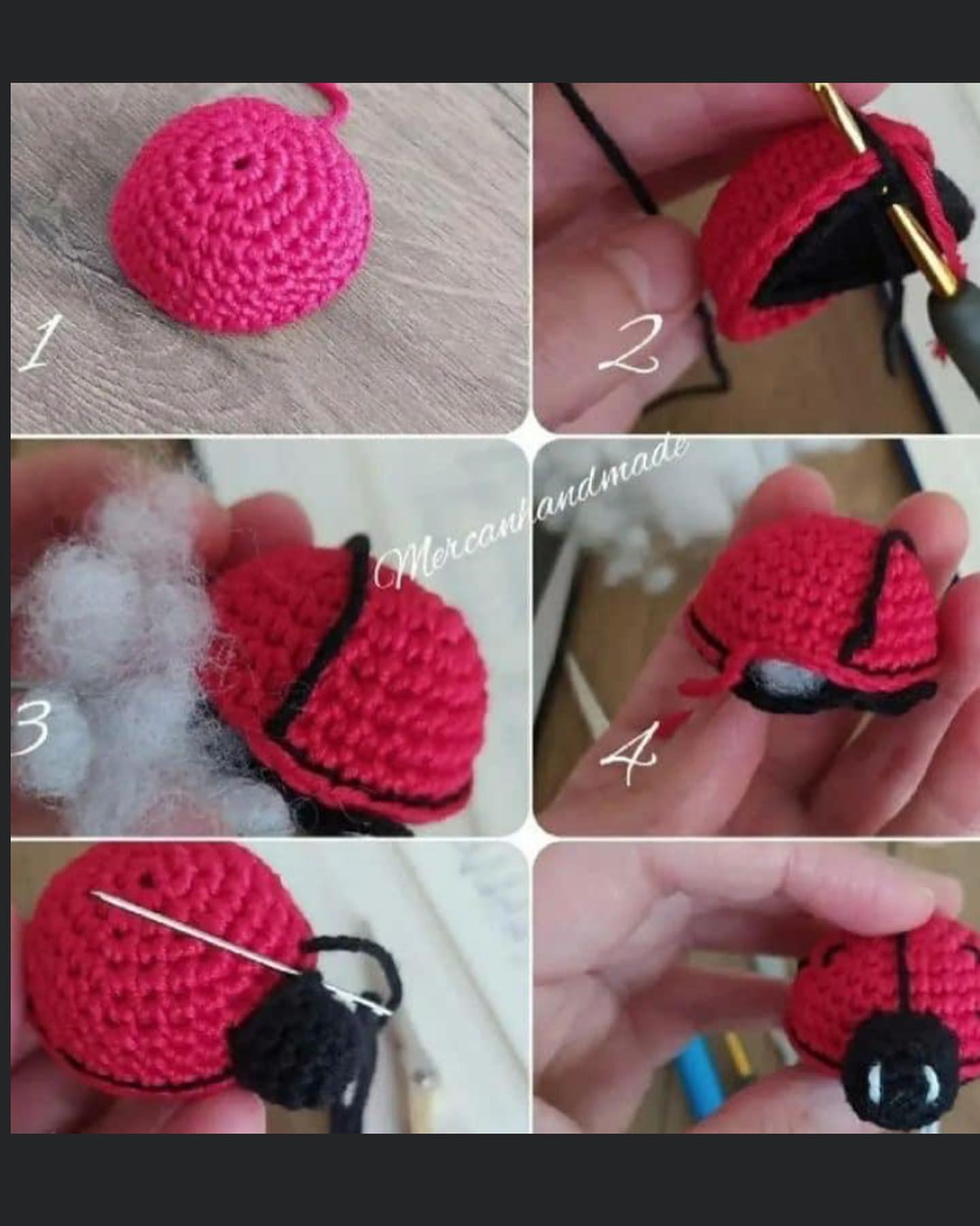 lady bug red, black head, white eyes free crochet pattern