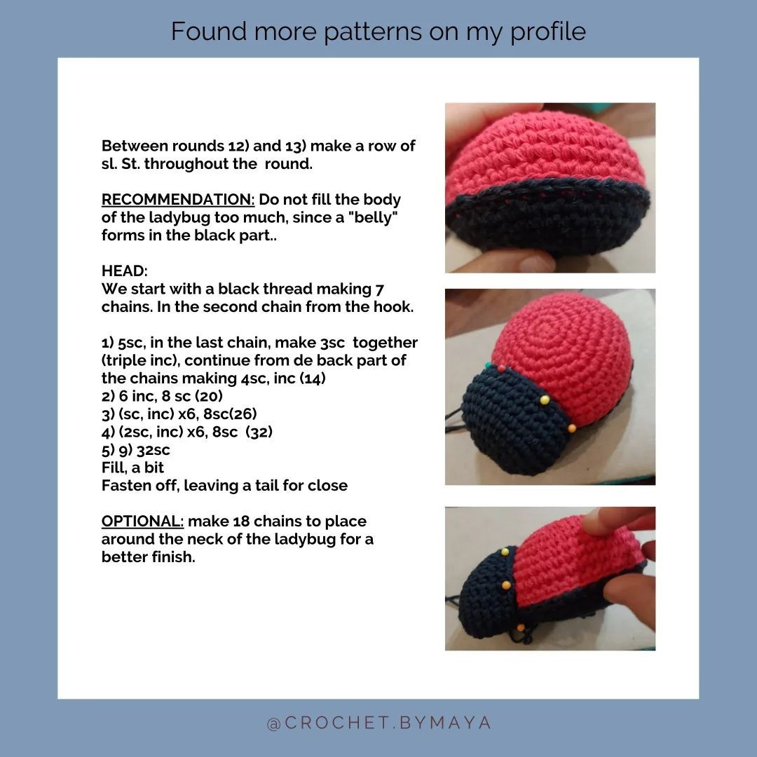Ladybug red wings, black dots, black head, white eyes crochet pattern