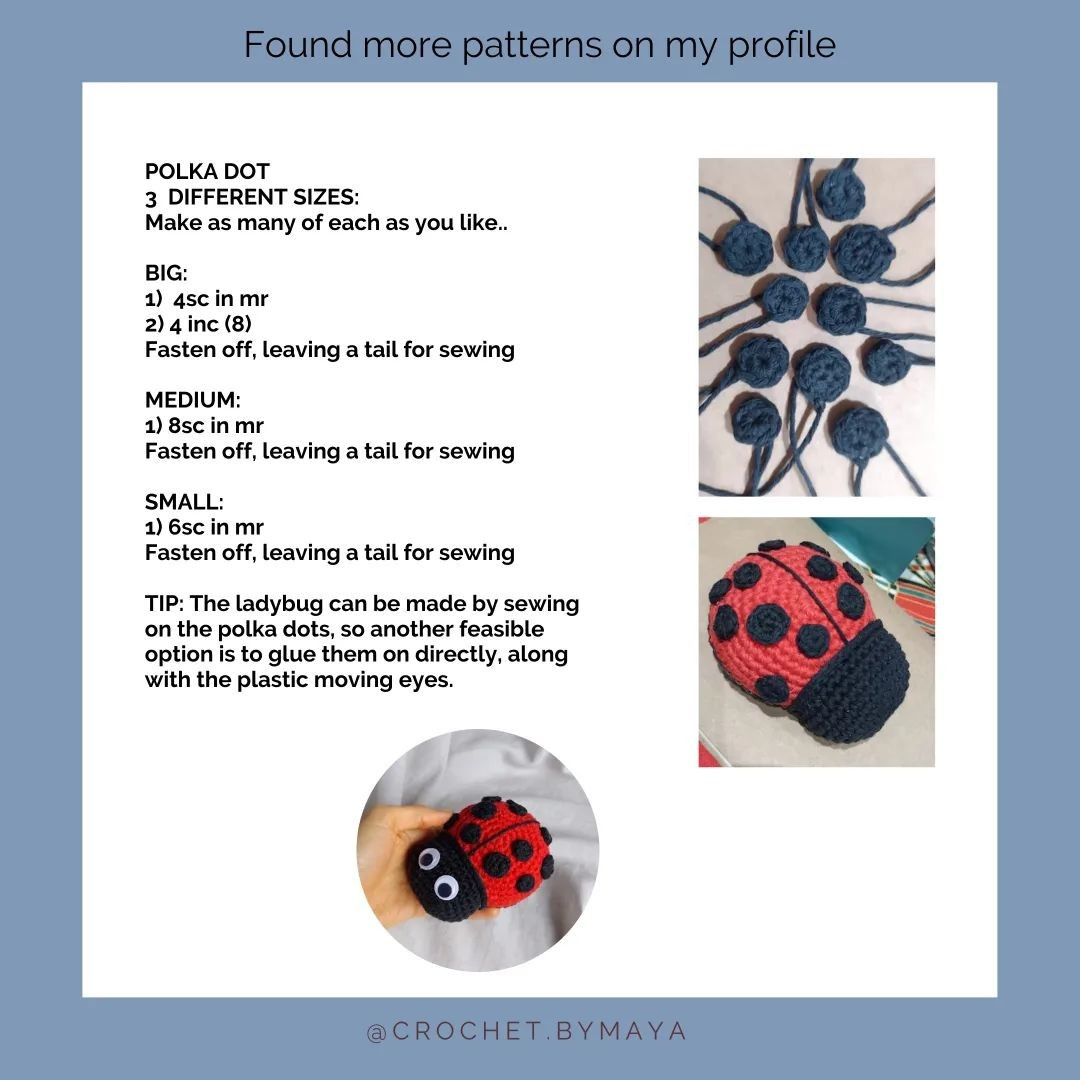 Ladybug red wings, black dots, black head, white eyes crochet pattern