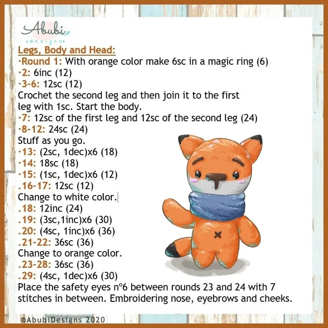 orange fox with gray scarf, brown nose free crochet pattern