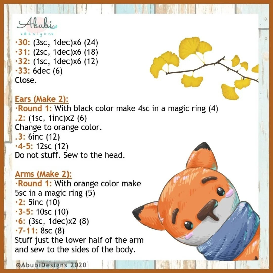 orange fox with gray scarf, brown nose free crochet pattern