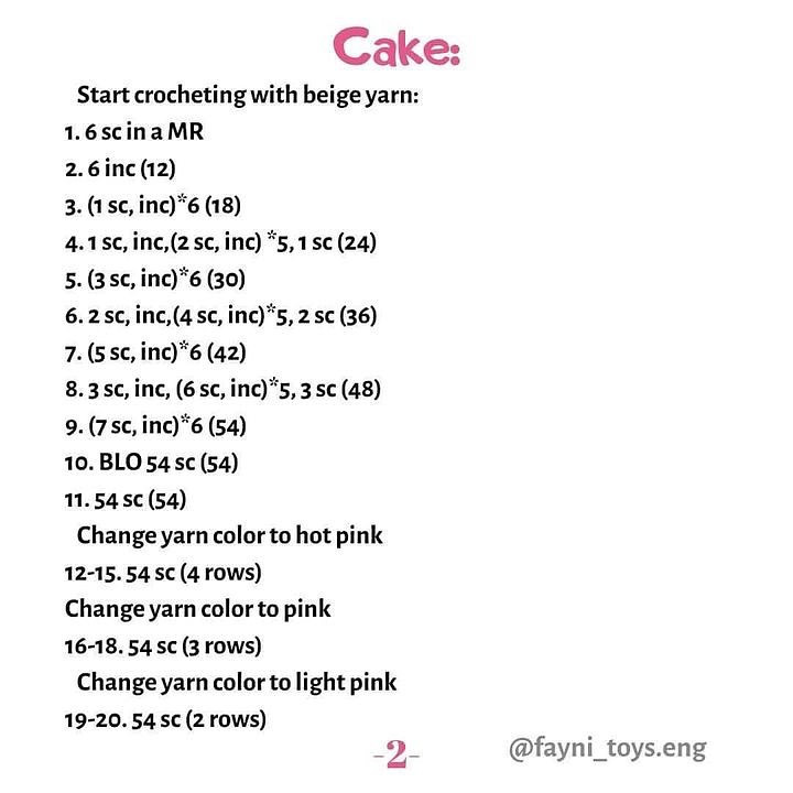 pink cake, brown chocolate, white cream crochet pattern