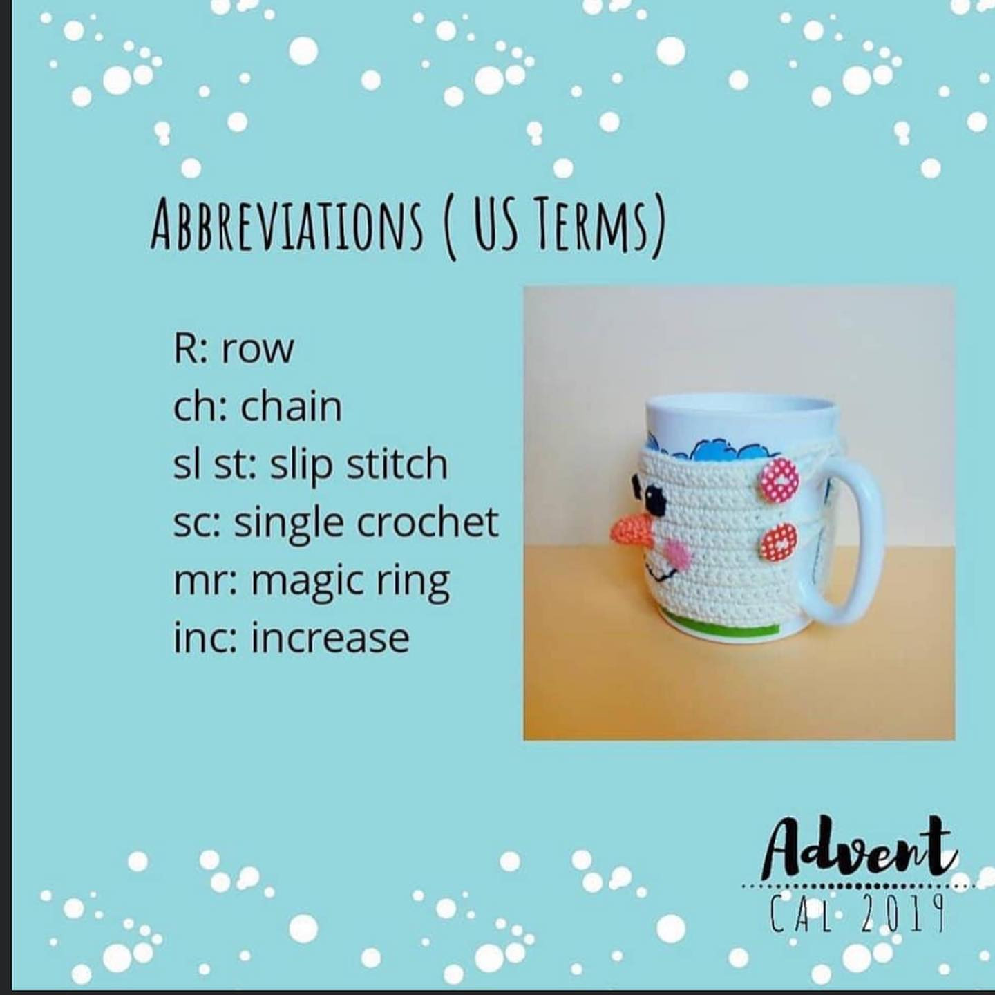 snowman mug cozy advent call 2019. free crochet pattern.