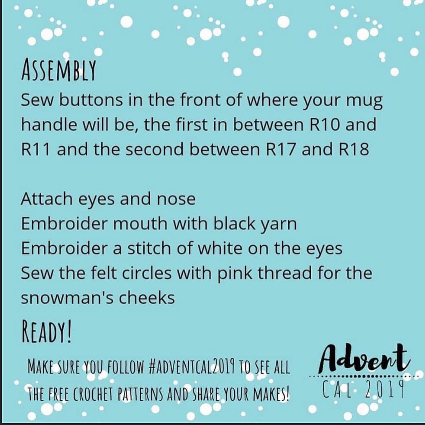 snowman mug cozy advent call 2019. free crochet pattern.