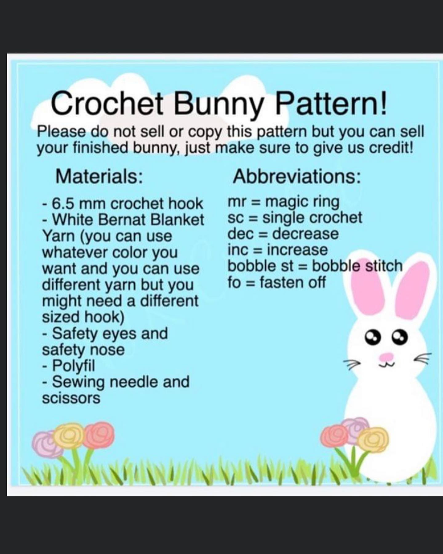 white, blue, purple, pink nose, bunny crochet pattern