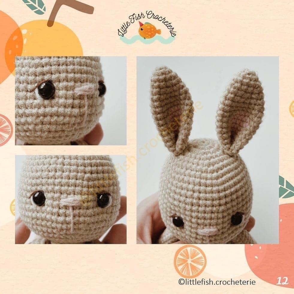 white rabbit wearing yellow and orange overalls free crochet pattern