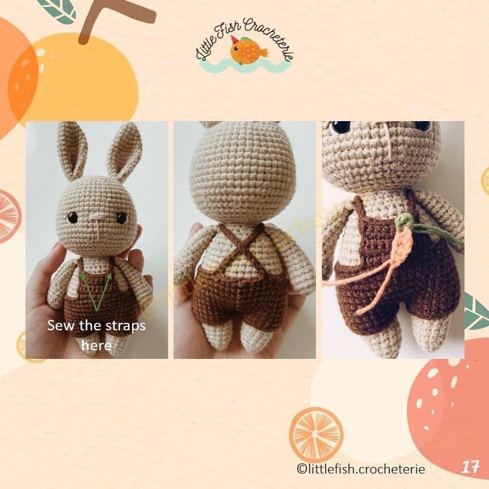 white rabbit wearing yellow and orange overalls free crochet pattern