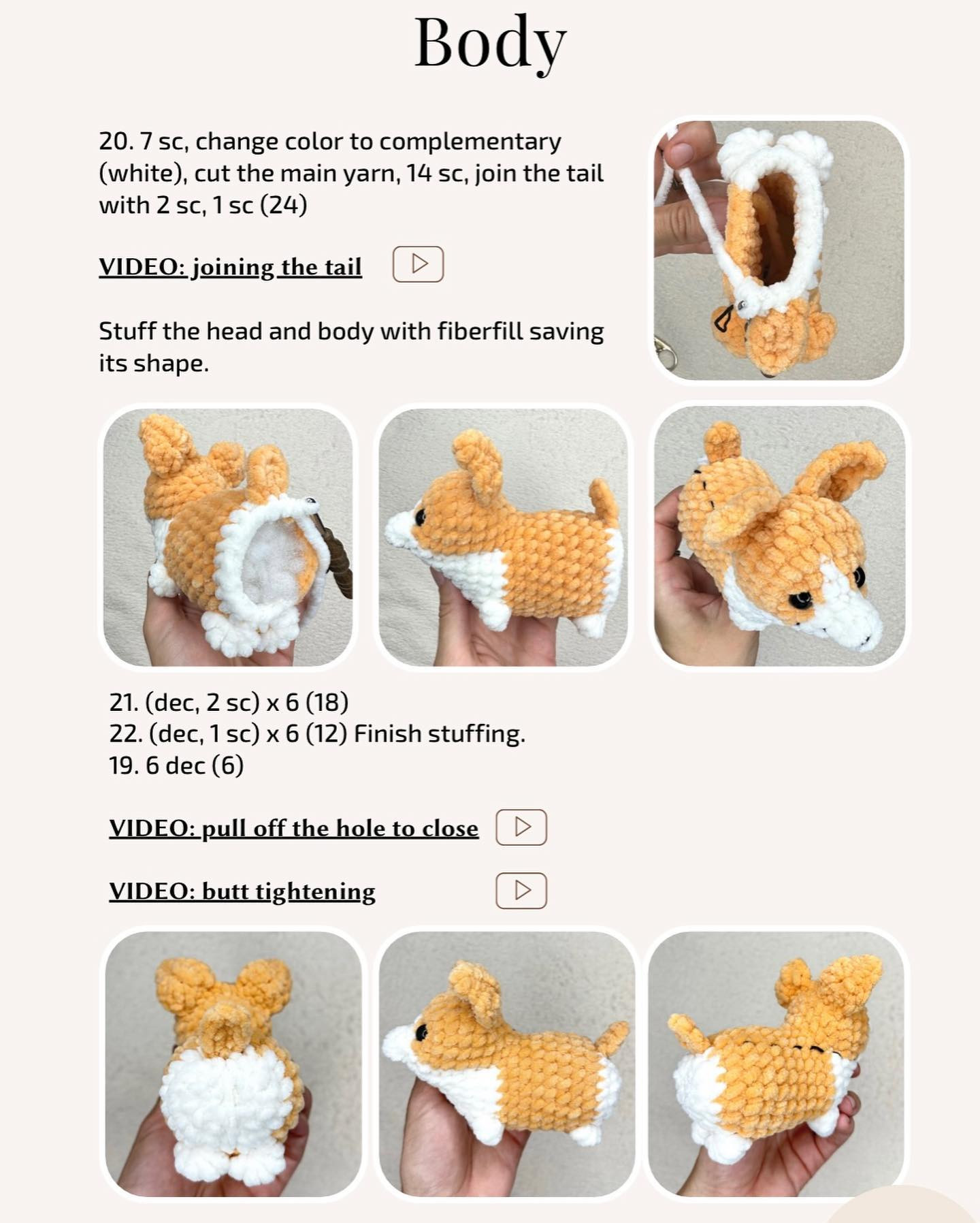 yellow baby corgi keychain, white belly, black nose free crochet pattern