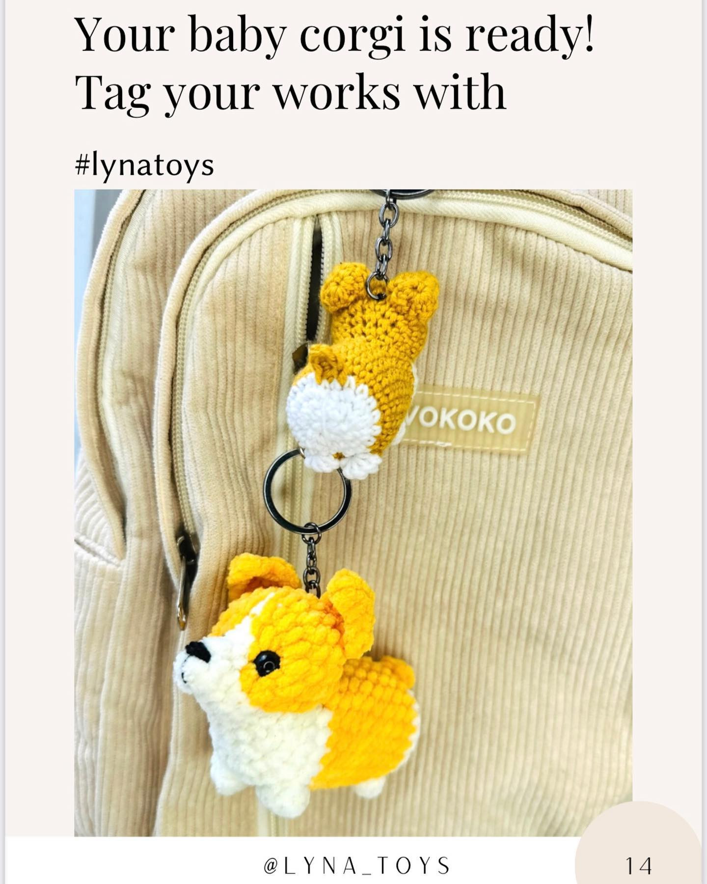 yellow baby corgi keychain, white belly, black nose free crochet pattern