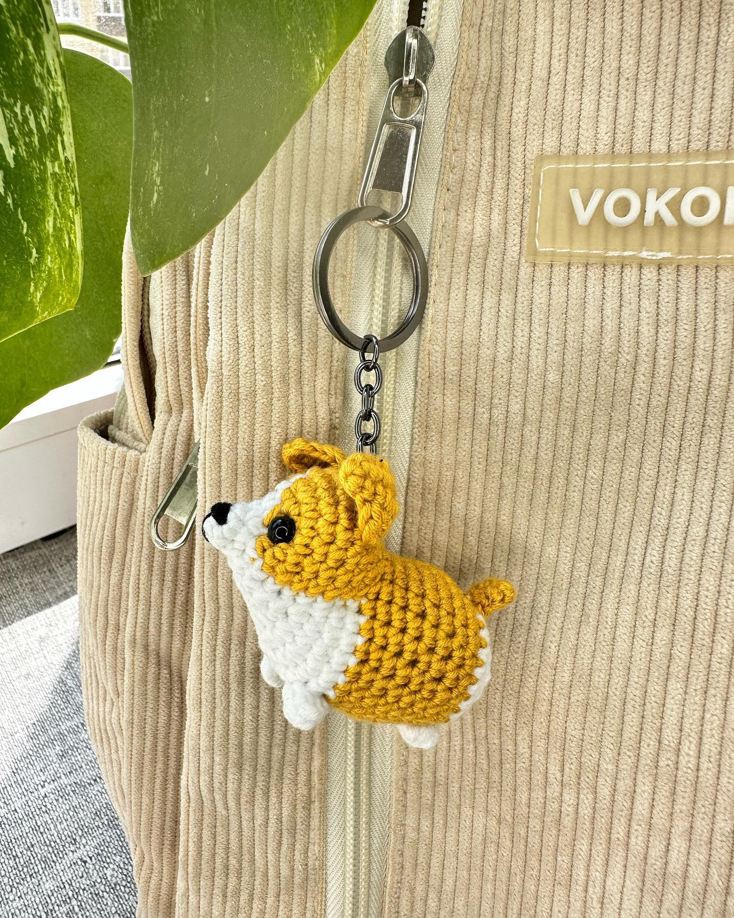 yellow baby corgi keychain, white belly, black nose free crochet pattern