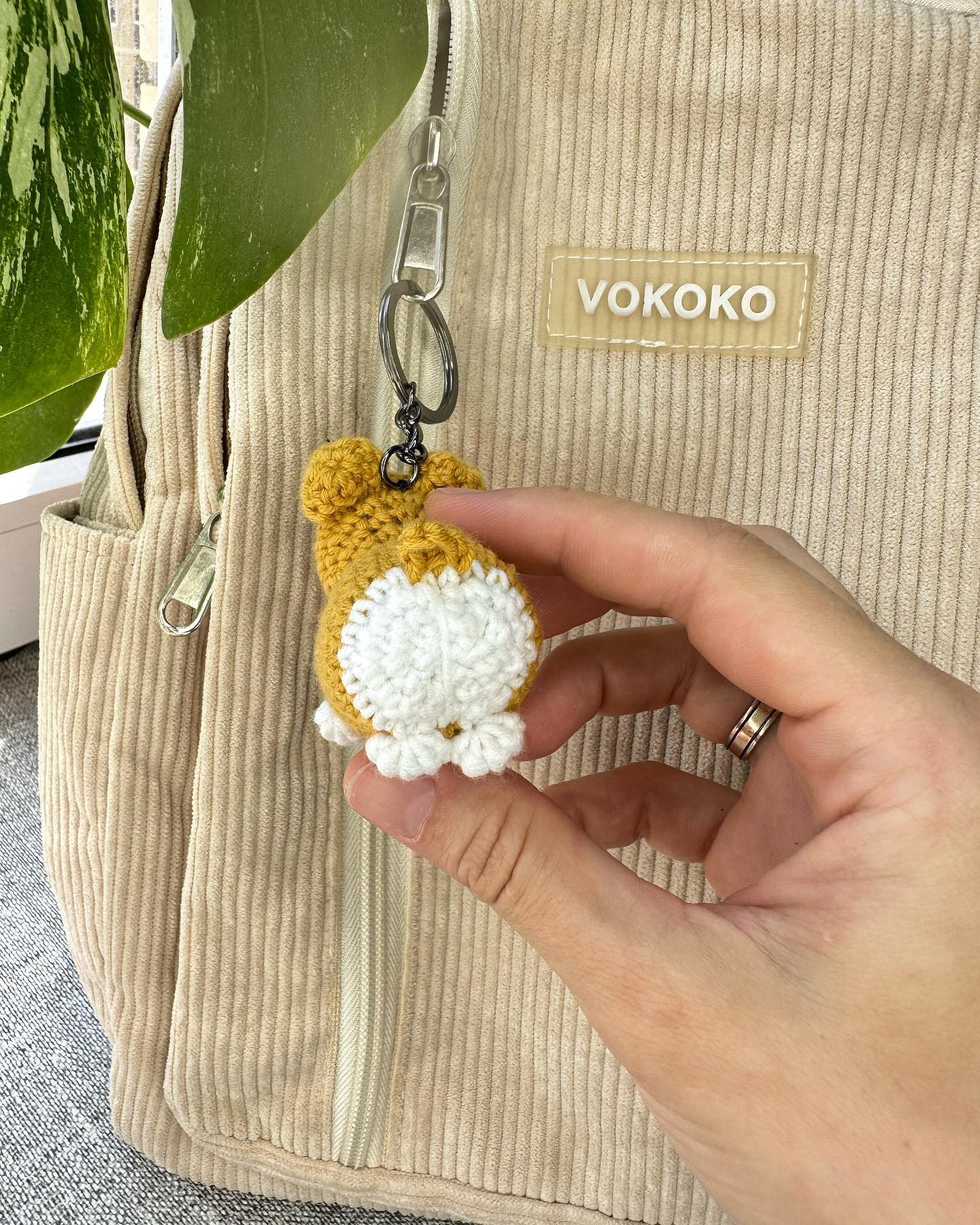 yellow baby corgi keychain, white belly, black nose free crochet pattern