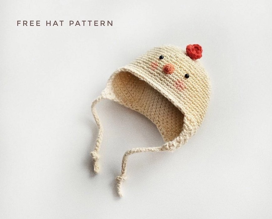 yellow chicken hat, orange beak, red crest free crochet pattern