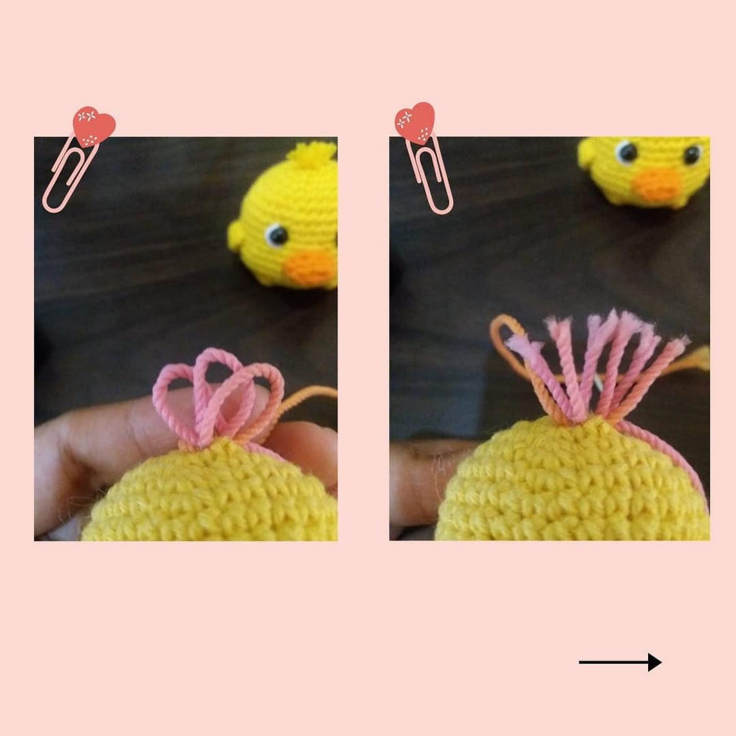 Yellow duckling, orange beak, black eyes crochet pattern