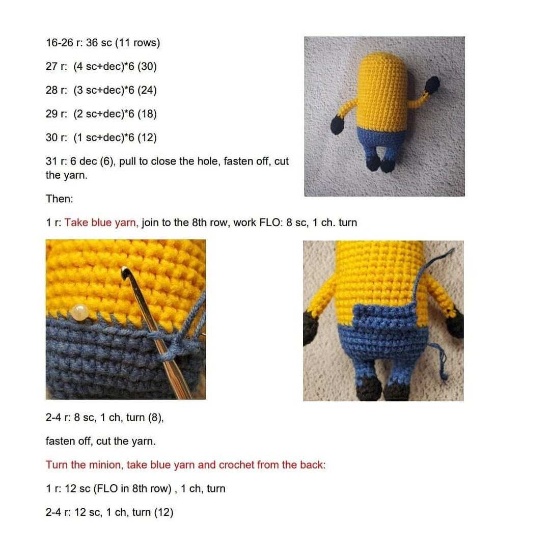 yellow minions red hat white border, blue overalls crochet pattern