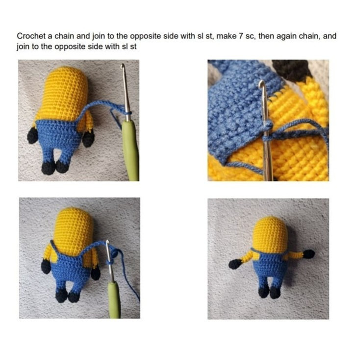 yellow minions red hat white border, blue overalls crochet pattern