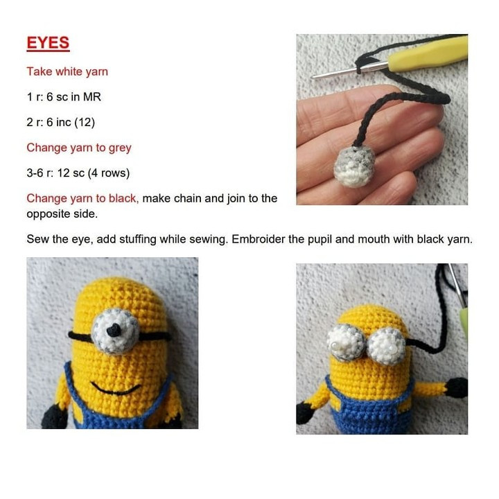 yellow minions red hat white border, blue overalls crochet pattern