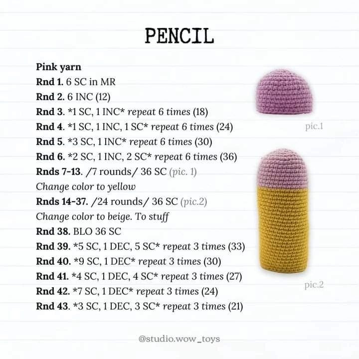 yellow pencil, white eye, pink eraser crochet pattern