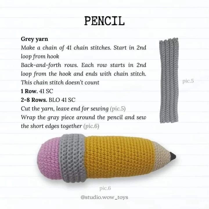 yellow pencil, white eye, pink eraser crochet pattern