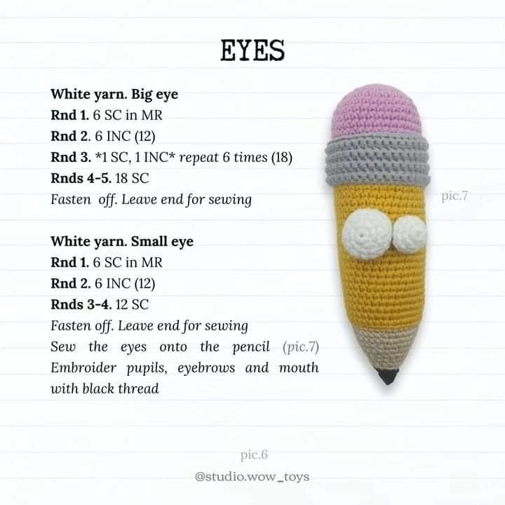 yellow pencil, white eye, pink eraser crochet pattern