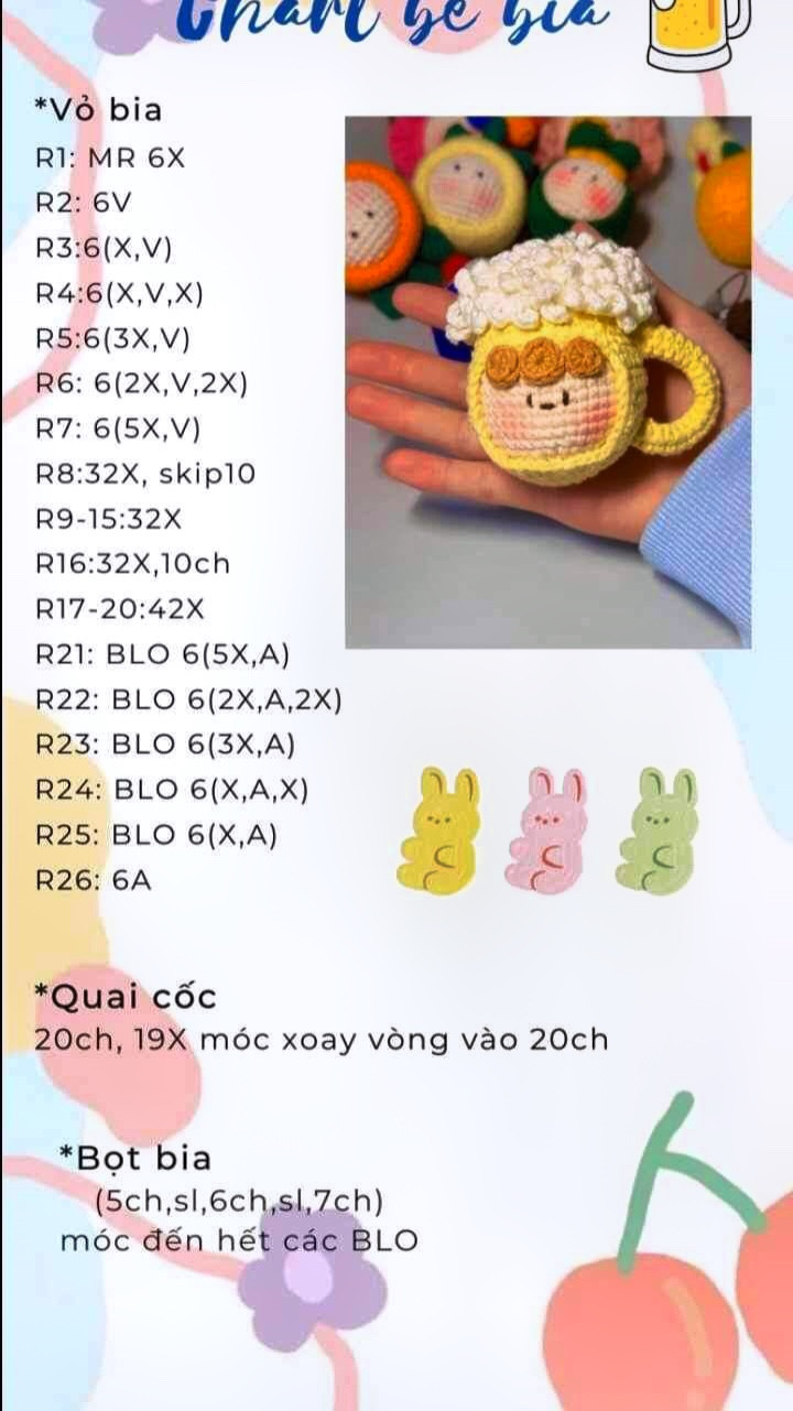 3 chart móc len, Nàng tiên cá heo, cốc bia, baby popcorn